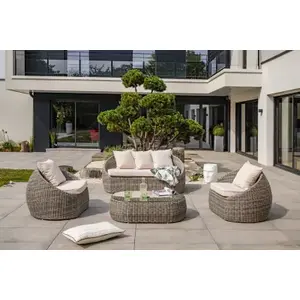 Comparateur de prix : DCB GARDEN Salon de jardin 5 places en résine tressée ronde grise - PVC-ISA-SALON