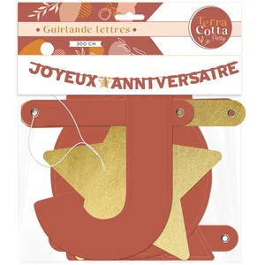 Guirlande de lettres - JOUR DE FETE - Joyeux Anniversaire - 3 m - Couleur Terracotta - Étoiles dorées