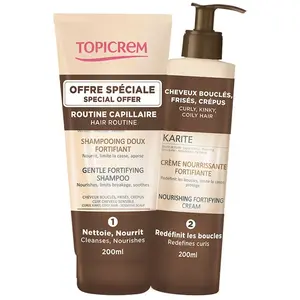 Comparateur de prix : Topicrem Karité Shampoing Fortifiant 200ml + Crème Nourrissante 200ml