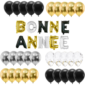 Kit décoration Nouvel An 40 ballons noir, or et argent   Bonne Année 30 cm pas cher