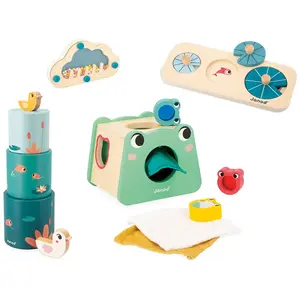 Comparateur de prix : Jeu d'éveil Janod Box Bâton de Pluie Boîte à Formes Pyramide et Puzzle