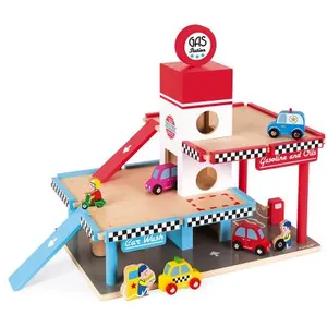 Juratoys Garage Station Service en bois JANOD - 3 niveaux - 4 véhicules - Dès 3 ans pas cher