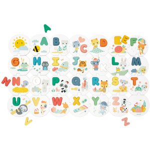 Comparateur de prix : Puzzle Enfant JANOD - 28 Pièces Carton et 26 Lettres En Bois - Alphabet - Dès 2 Ans