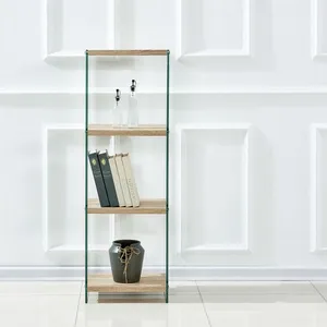 MEUBLETMOI Bibliothèque h. 125 cm en verre trempé et 3 étagères décor chêne pas cher