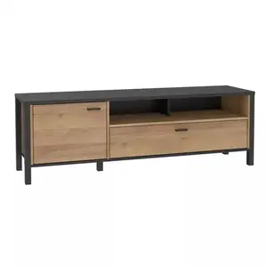 MEUBLETMOI Meuble tv 151 cm décor noir et effet chêne avec poignées noir - mode pas cher