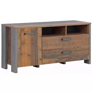 Comparateur de prix : Meuble TV 1 porte 2 tiroirs effet bois rustique et béton gris - BUCK