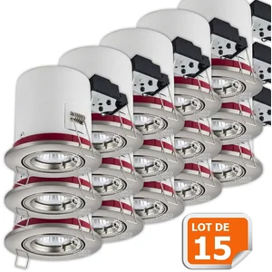 Comparateur de prix : LAMPESECOENERGIE Lot de 15 Support de spot BBC Orientable Alu Brossé 100mm avec douille GU10 automatique ref. 819