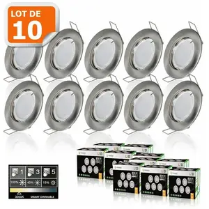 Comparateur de prix : LAMPESECOENERGIE 10 Spots LED Dimmable 7W équivalent 56W Blanc Chaud Alu Brossé - Encastrable
