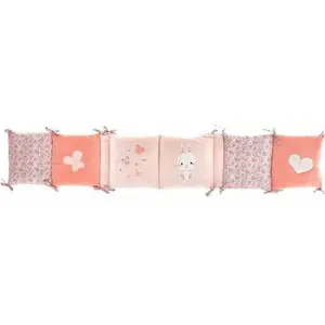 Tour De Lit Bébé 100% Coton Bio - Rose Et Blanc - Motifs Fleurs Et Broderies Chat Lapin - 40x180 Cm