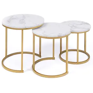 Idomya - 3 Tables basses rondes gigognes Glam marbre blanc/doré T.U pas cher