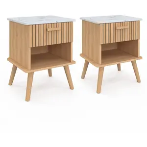 Idomya - 2 Tables de chevet Marceau effet lattes bois/effet marbre bla... pas cher