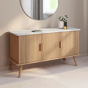 Idomya - Buffet Marceau 3 portes effet lattes et dessus marbre bois/ef... pas cher