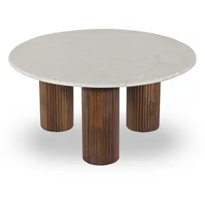 Drawer Table basse en marbre et bois massif ø80cm - Blanc ivoire pas cher