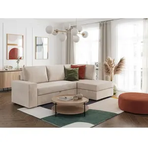 LOUNGITUDE Canapé d'angle droit convertible avec coffre en velours côtelé - Beige pas cher