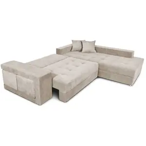 LOUNGITUDE Canapé d'angle droit convertible et 2 poufs en tissu - Beige pas cher