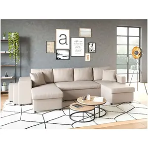 LOUNGITUDE Canapé panoramique convertible poufs à gauche tissu beige Nuage 305 cm
