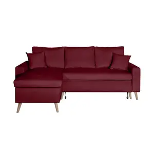 LOUNGITUDE Canapé d'angle réversible convertible velours bordeaux Norvy 229 cm