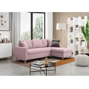 LOUNGITUDE Canapé d'angle réversible convertible avec coffre tissu rose Kati 229 cm pas cher
