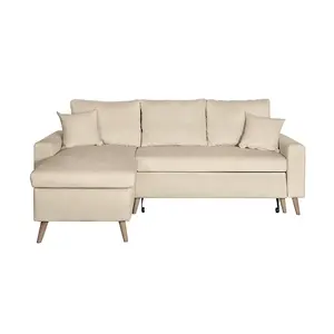 LOUNGITUDE Canapé d'angle velours réversible et convertible avec coffre - Beige pas cher