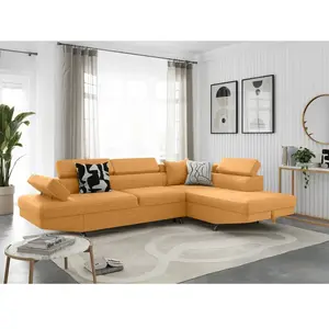 LOUNGITUDE Canapé d'angle droit convertible en tissu - Jaune ocre - Pieds métal pas cher