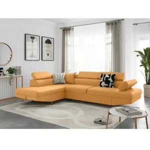 LOUNGITUDE Canapé d'angle gauche convertible en tissu - Jaune ocre - Pieds métal pas cher