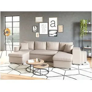 LOUNGITUDE Canapé panoramique convertible poufs à droite tissu beige Nuage 305 cm