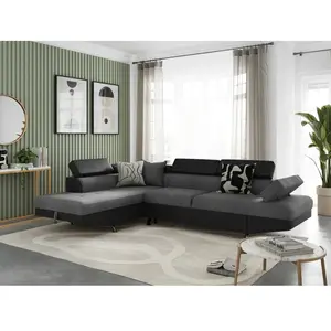 LOUNGITUDE Canapé d'angle gauche convertible tissu gris et simili noir Mio 271 cm pas cher