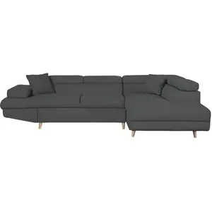 LOUNGITUDE Canapé d'angle droit convertible en tissu - Gris foncé - Pieds bois pas cher