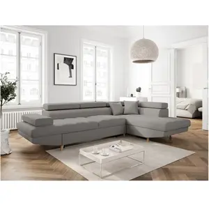 LOUNGITUDE Canapé d'angle droit convertible en tissu - Gris clair - Pieds bois pas cher