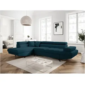 LOUNGITUDE Canapé d'angle gauche convertible en tissu - Bleu pétrole - Pieds noir pas cher