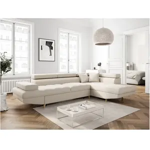 LOUNGITUDE Canapé d'angle droit convertible en tissu - Beige - Pieds bois pas cher