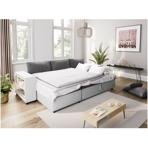 LOUNGITUDE Canapé d'angle convertible et poufs en simili/microfibre - Blanc/Gris pas cher