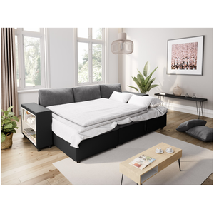 LOUNGITUDE Canapé d'angle convertible et poufs en simili/microfibre - Gris / Noir pas cher