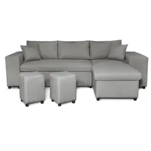 LOUNGITUDE Canapé d'angle convertible et poufs en tissu - Gris clair pas cher