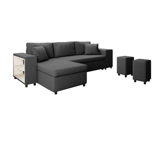 LOUNGITUDE Canapé d'angle convertible MADY avec coffre et poufs en tissu - Gris foncé pas cher