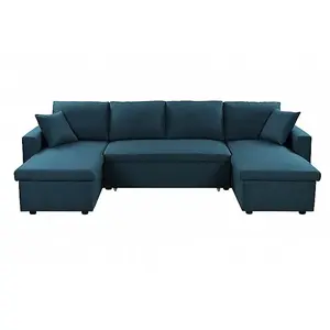 LOUNGITUDE Canapé panoramique convertible tissu bleu canard Zeni 289 cm pas cher