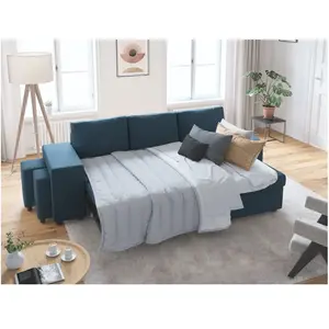 LOUNGITUDE Canapé d'angle réversible oslo avec coffre et poufs gauche en tissu bleu pas cher