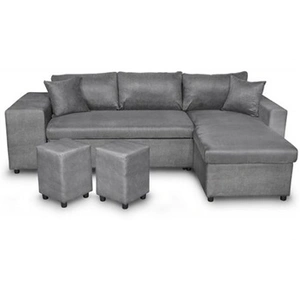 LOUNGITUDE Canapé d'angle convertible avec coffre et poufs en microfibre - Gris pas cher