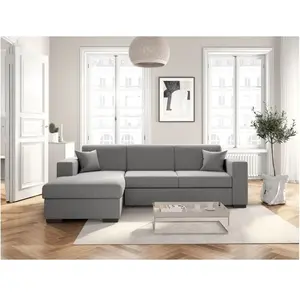 LOUNGITUDE Canapé d'angle gauche convertible avec coffre tissu gris clair Bari 262 cm pas cher