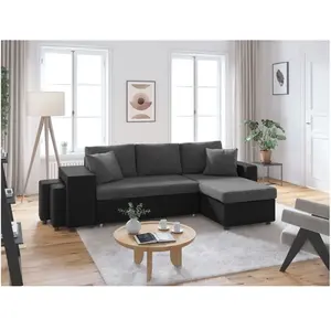 LOUNGITUDE Canapé d'angle gauche convertible Gris/Noir avec coffre et poufs OSLO pas cher
