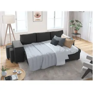 LOUNGITUDE Canapé d'angle convertible avec coffre et poufs en tissu - Gris foncé pas cher