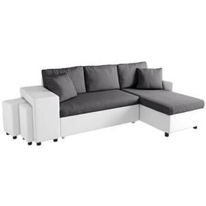 LOUNGITUDE Canapé d'angle gauche convertible Gris/Blanc avec coffre et poufs OSLO pas cher