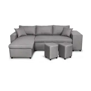 LOUNGITUDE Canapé d'angle convertible avec coffre et poufs en tissu - Gris clair pas cher