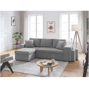 LOUNGITUDE Canapé d'angle convertible avec coffre et poufs en tissu - Gris clair pas cher