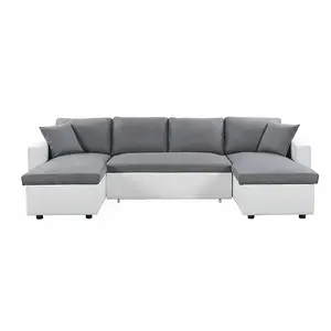 LOUNGITUDE Canapé d'angle panoramique convertible simili blanc et microfibre gris Parys 287 cm
