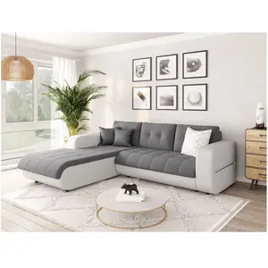 LOUNGITUDE Canapé d'angle gauche Convertible en Simili et Microfibre - Blanc/Gris