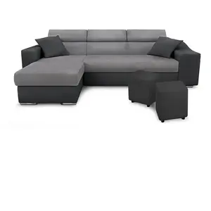LOUNGITUDE Canapé d'Angle Convertible en Microfibre et Simili avec poufs - Gris pas cher
