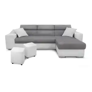 LOUNGITUDE Canapé d'angle gauche microfibre/simili avec poufs - Blanc/Gris