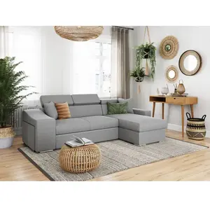 LOUNGITUDE Canapé d'angle droit convertible et 2 poufs tissu gris Cadiac 264 cm pas cher