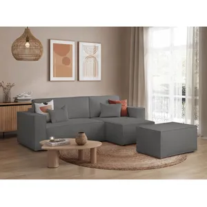 LOUNGITUDE Canapé d'angle réversible avec pouf en tissu bouclette - Gris pas cher